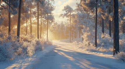 Obraz premium A Snowy Forest Path with Sunlight Streaming Through Trees
