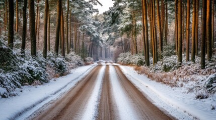 A Snow-Covered Path Winding Through a Dense Forest