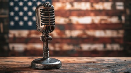 A vintage microphone stands on a wooden surface with an American flag backdrop.