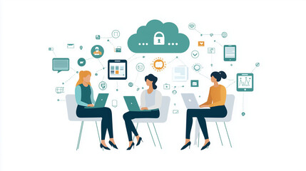Stylized illustration of professionals connecting through cloud technology, showcasing seamless remote teamwork, digital communication, and modern business collaboration.