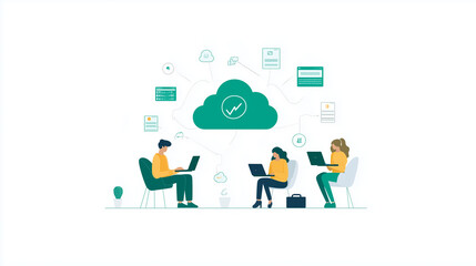 Stylized illustration of professionals connecting through cloud technology, showcasing seamless remote teamwork, digital communication, and modern business collaboration.