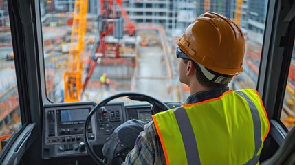 A crane operator in a safety vest and helmet, sitting in the cab of the crane, with a wide view of the construction site below