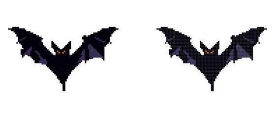 A pixel art black bat with orange eyes and outstretched wings against a white background.