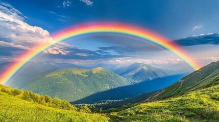 Rainbow Arcing Over Lush Green Mountains