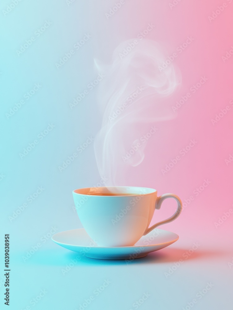 Poster delicate steam rises gently from a tea cup placed on a saucer, set against a soft gradient backgroun