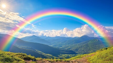 A Rainbow Arcing Over Lush Green Mountain Ranges