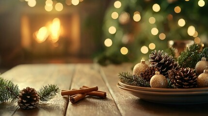   Wooden table with cinnamon bowl and sticks beside Christmas tree