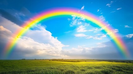 Naklejka premium A Rainbow Arcing Over a Lush Green Field With Clouds and Blue Sky