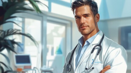 An elegant and compassionate male healthcare provider, radiating care and expertise in his white medical coat, while the hospital environment gently fades into the backdrop