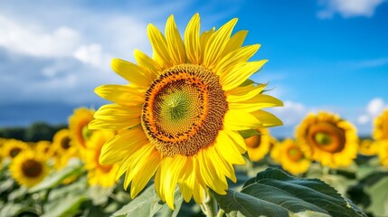 Fototapeta premium A Single Sunflower in Bloom Against a Blue Sky