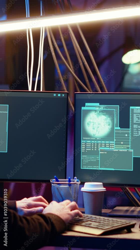Poster vertical video hacker happy after successfully doing computer sabotage using encryption trojan ranso