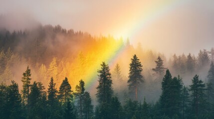 Fototapeta premium Misty Forest with Rainbow and Sunbeams