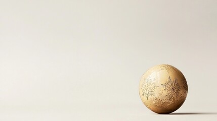  An egg rests atop a table beside a stark white wall and adjacent art
