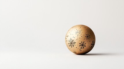   An egg with snowflakes on it, sitting on a plain white surface against a white background