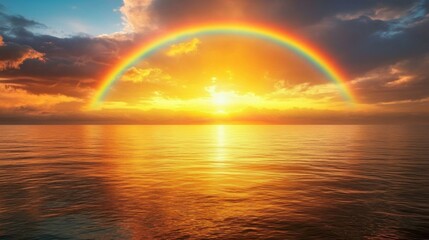 A Rainbow Arcing Over A Golden Sunset Sea