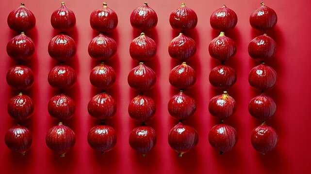 Red figs arranged in a row on a red background