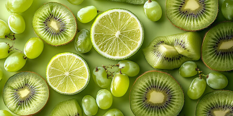 Fototapeta premium Green background with sliced fruits from above: kiwi, lime, green grapes, and avocado, creating a fresh and natural composition. Bright green shades emphasize the juiciness of the fruits.