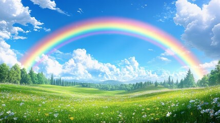 A vibrant rainbow arcs over a green meadow with wildflowers and a distant forest under a blue sky