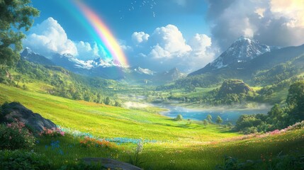 Fototapeta premium A Vibrant Rainbow Arcs Over a Lush Mountain Valley Landscape