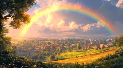 A Vibrant Rainbow Arches Over a Picturesque Village Amidst Lush Green Hills