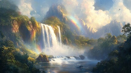 Fototapeta premium A Majestic Waterfall Cascading Through Lush Mountains with a Rainbow Arcing Across a Cloudy Sky