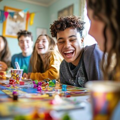 Laughing friends enjoying board game at vibrant gathering