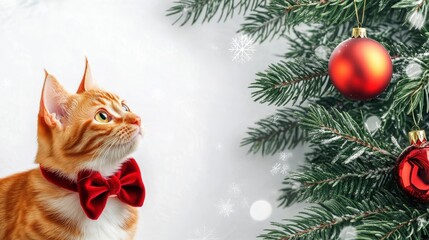 Obraz premium orange and white calico cat wearing a red bow tie looking at a christmas tree with ornaments