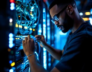 Male network administrator inserts cables into the server rack working with internet equipment in server room. Maintenance of LAN, computer networks and web servers. Data storage center. Close Up.