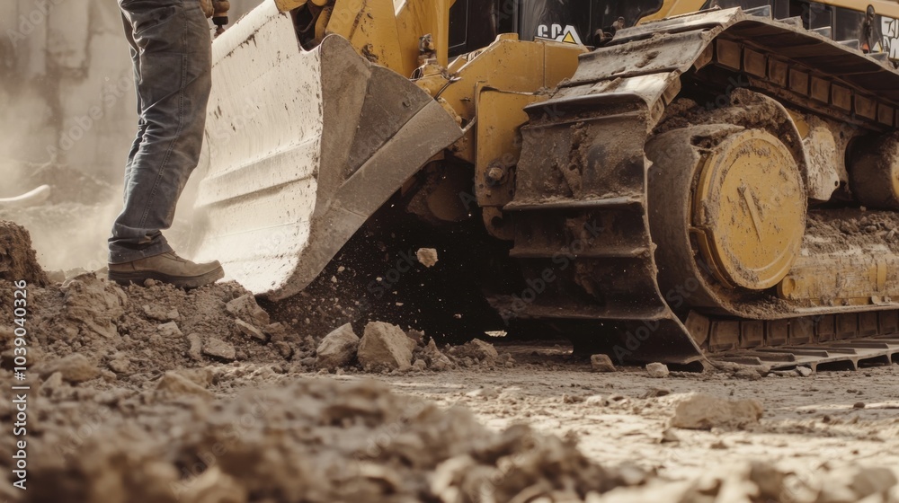 Poster a detailed close-up of a construction worker operating a diamond concrete cutter to create precise o