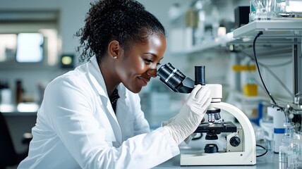 Black female scientist in labcoat looking through microscope in laboratory