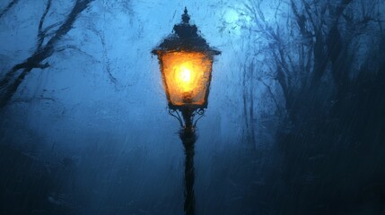 A Solitary Streetlight Illuminates a Foggy Forest Path