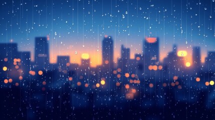Raindrops on a Windowpane with a Blurred Cityscape at Sunset
