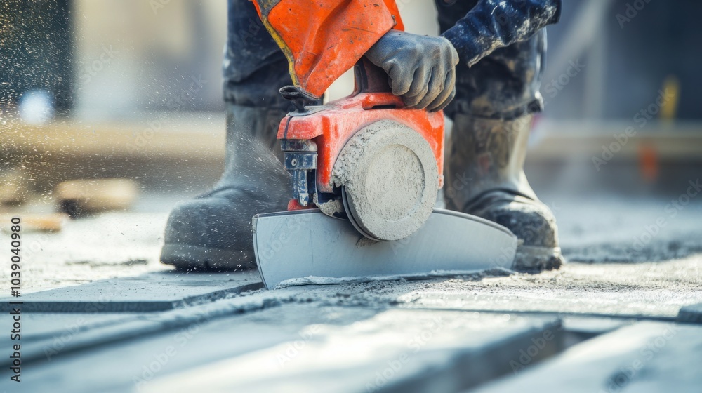 Poster a detailed close-up of a construction worker using a concrete grinder to smooth out newly poured flo