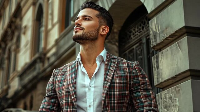 A man in a plaid blazer stands in front of a building, looking up at the sky