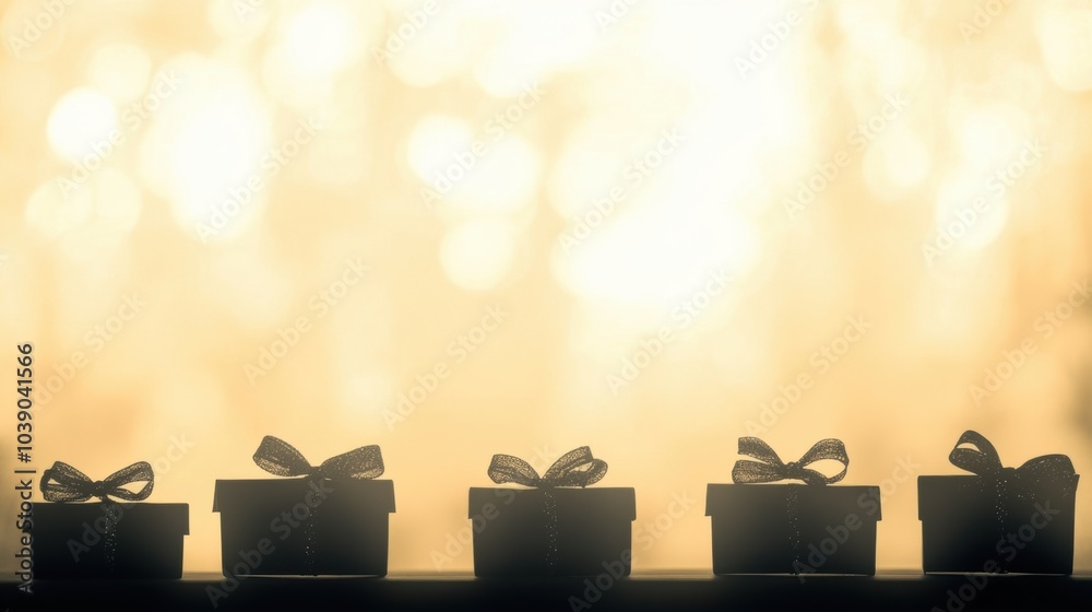 Aufkleber Five silhouetted gift boxes with bows line up against a soft, light background, adding a cheerful touch to any celebration or gathering. Generative AI