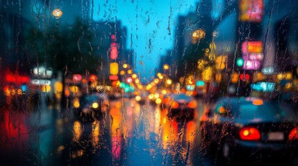 Obraz premium Blurry City Lights Through Rainy Window