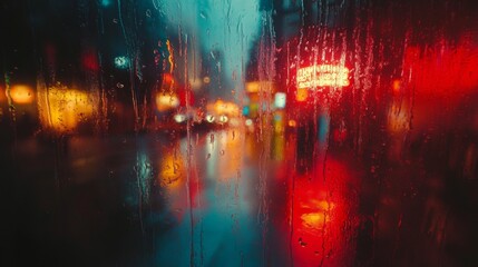 Fototapeta premium Blurry City Lights Reflected in Rain-Covered Window