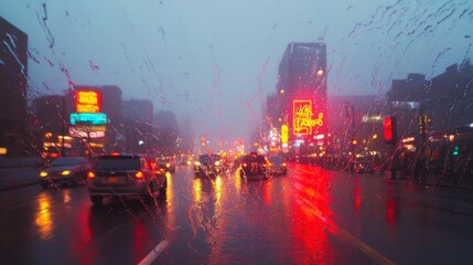 Obraz premium Rain-Streaked Windshield View of a Cityscape at Night