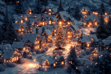 Obraz premium charming 3D Christmas village scene featuring snow covered houses, twinkling lights, and beautifully decorated tree at center, evoking warm holiday spirit