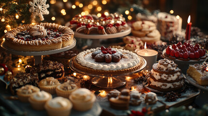 festive dessert table filled with array of holiday treats, including cakes, pastries, and cookies, beautifully decorated for season. warm ambiance creates joyful atmosphere