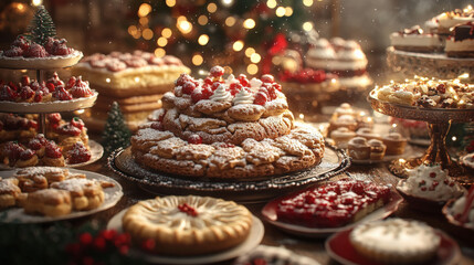 Naklejka premium festive dessert table filled with array of holiday treats, including cookies, cakes, and pastries, beautifully arranged with warm, inviting atmosphere