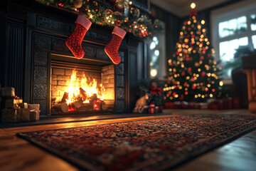 Obraz premium cozy fireplace scene featuring stockings hanging above warm fire, surrounded by festive decorations and beautifully lit Christmas tree. atmosphere is inviting and cheerful, perfect for holiday