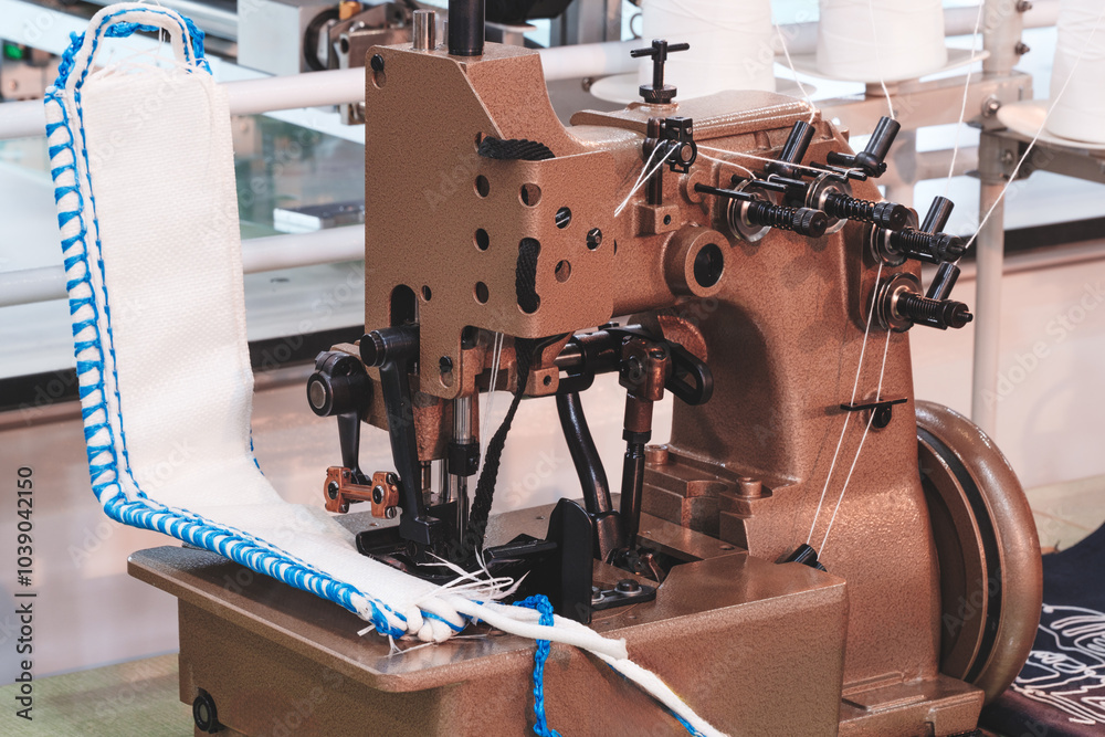 Poster a sewing machine with blue and white thread. the machine is in a factory. the machine is used to sti