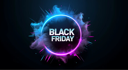Vibrant Black Friday design with neon lights and smoky effects, highlighting massive sale promotions, generative ai