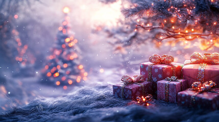 serene winter scene featuring pile of beautifully wrapped Christmas gifts surrounded by soft snow and twinkling lights. atmosphere is magical and festive, perfect for holiday season
