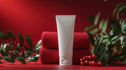 Blank cosmetic plastic white tube mockup cream lotion gel packaging bold dull red lux skincare product bath towel marketing Christmas branding template mock up sample brand design background
