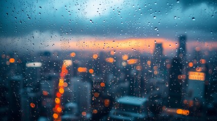 Naklejka premium Rain-Streaked Window with a Blurred Cityscape and Sunset in the Distance