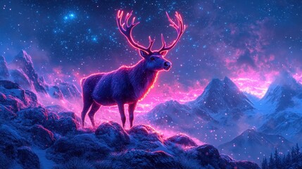 Fototapeta premium A powerful beautiful wild animal under a neon light starry sky in the mountains. Christmas reindeer with big antlers. Winter night, illustration.