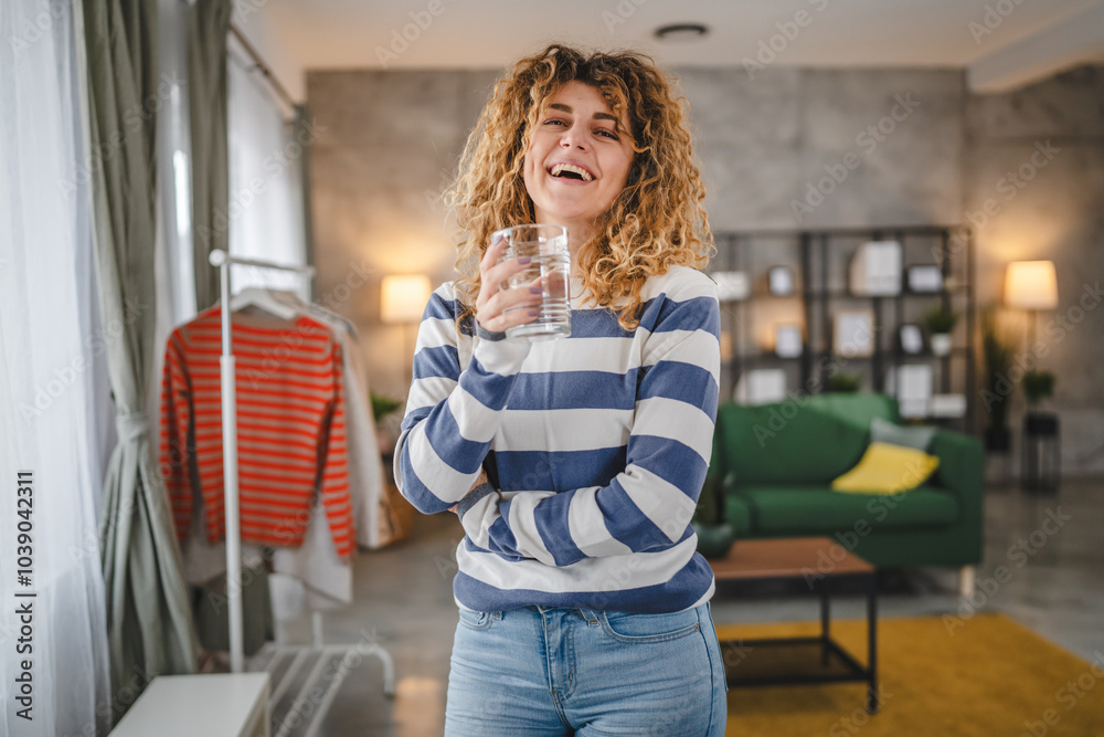 Wall mural one woman beautiful young female at home with glass of water