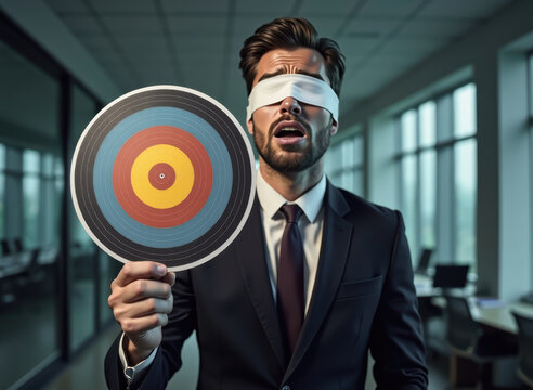 A businessman in a suit stands blindfolded, holding a target. The image captures themes of risk, challenge, and uncertainty in a corporate environment.